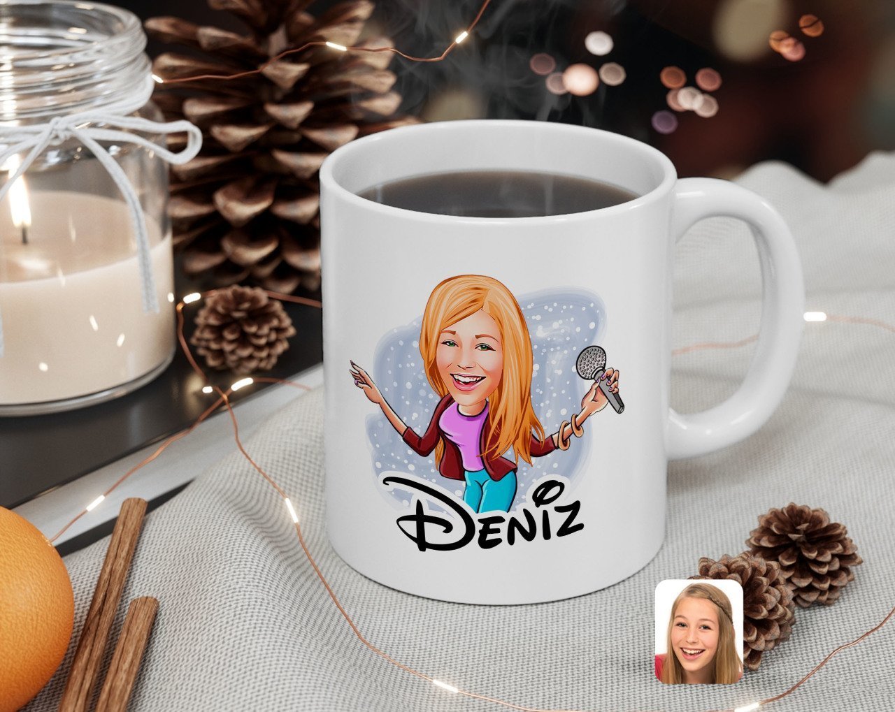 Kişiye Özel Şarkı Söyleyen Kız Karikatürlü Beyaz Kupa Bardak-1