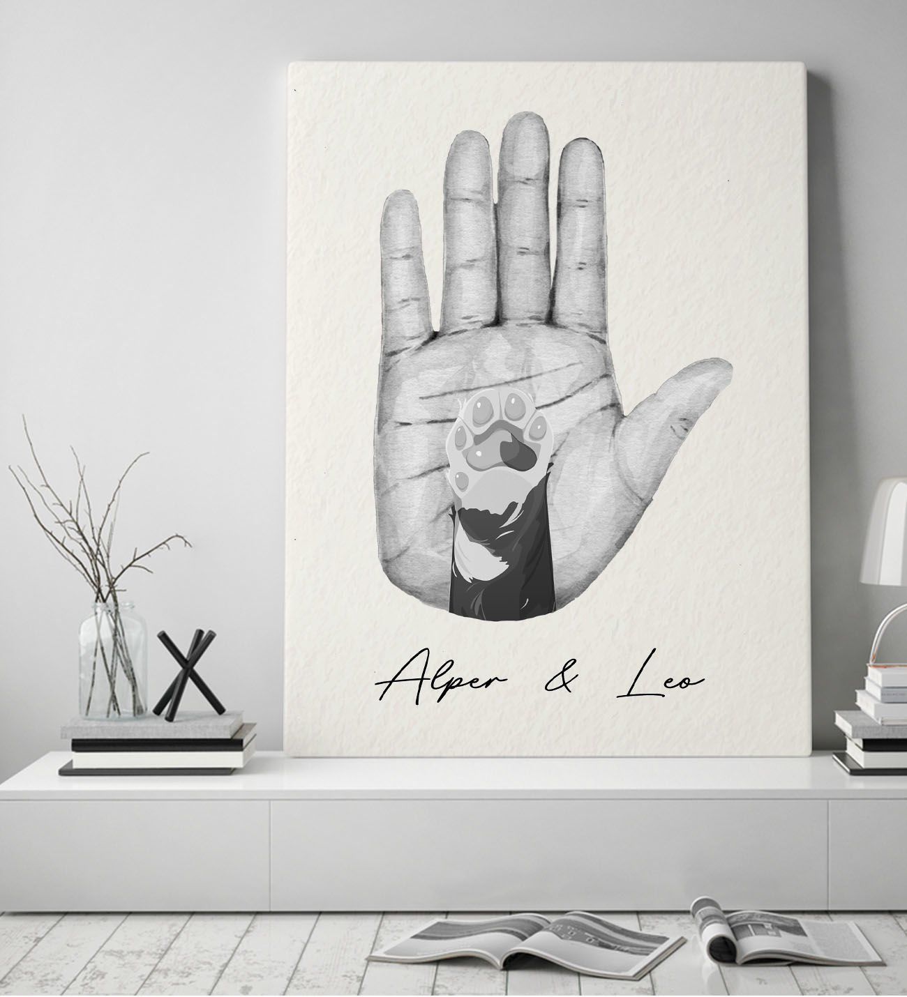 BK Gift Kişiye Özel İsimli El ve Pati Tasarımlı Siyah Beyaz Kanvas Tablo-1 50x70, Ev Dekorasyonu, Arkadaşa Hediye