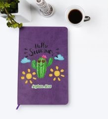 Kişiye Özel Kaktüs Tasarımlı Mor Termo Deri Defter Model 8