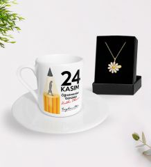 BK Gift Kişiye Özel Öğretmenler Günü Türk Kahvesi Fincanı ve İsimli Papatya Kolye Hediye Seti- 8, Öğretmene Hediye, Öğretmenler Günü