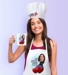 Kişiye Özel En Güzel Anne Karikatürlü Mutfak Önlüğü Aşçı Şapkası ve Kupa Seti