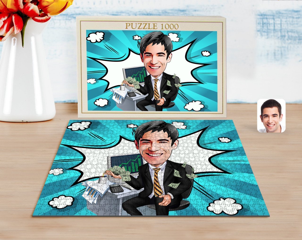 Kişiye Özel Erkek Bankacı Karikatürlü 1000 Parça Profesyonel Puzzle-3