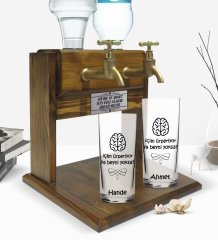 Kişiye Özel Renkli Baskılı Ya Beyni Yoksa Tasarımlı İkili Rakı Bardağı ve Çift Musluklu Doğal Ahşap Rakı Standı-1