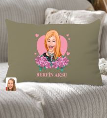 BK Gift Kişiye Özel Anneler Günü Karikatürlü Premium Kumaş Haki Dikdörtgen Kırlent Yastık, Anneler Günü Hediyesi, Ev Dekorasyonu-2