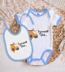 BK Kids Teyzesinin Balı Tasarımlı Mavi Bebek Body Zıbın ve Mama Önlüğü Hediye Seti-1