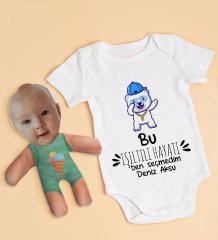 BK Kids Kişiye Özel Fotoğraflı Bebek Yastık ve Bebek Body Zıbın Hediye Seti - Model 21