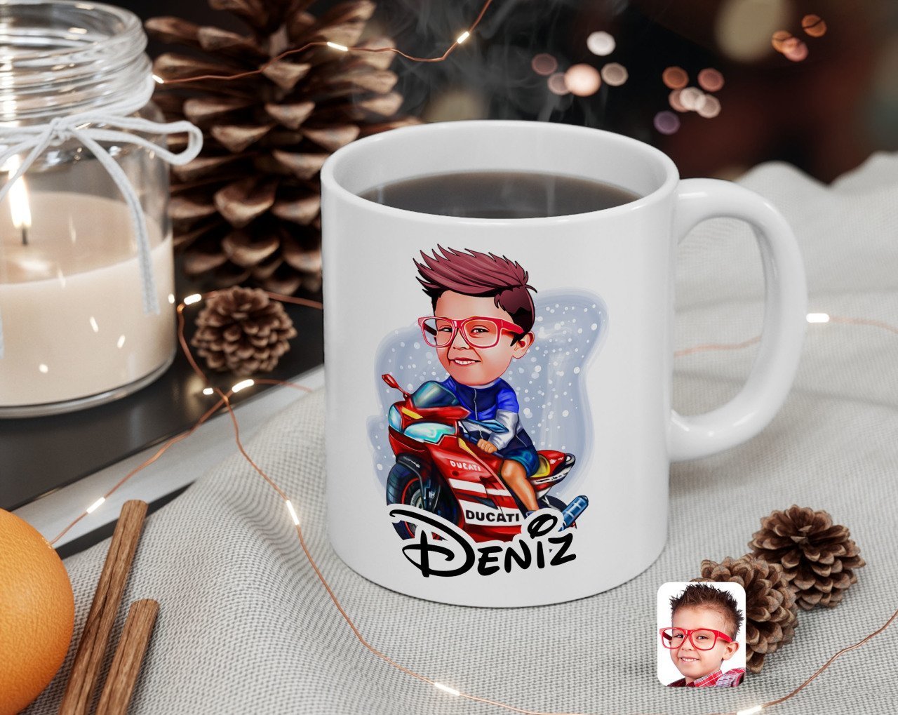Kişiye Özel Motorcu Çocuk Karikatürlü Beyaz Kupa Bardak-1