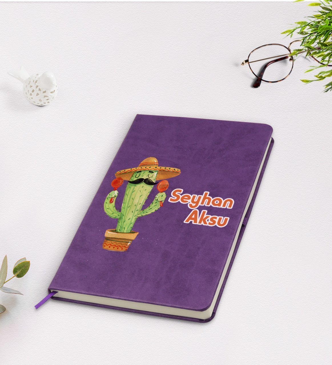Kişiye Özel Kaktüs Tasarımlı Mor Termo Deri Defter Model 7