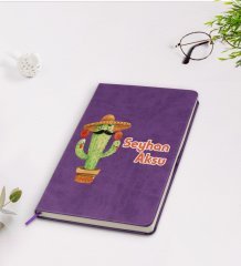 Kişiye Özel Kaktüs Tasarımlı Mor Termo Deri Defter Model 7