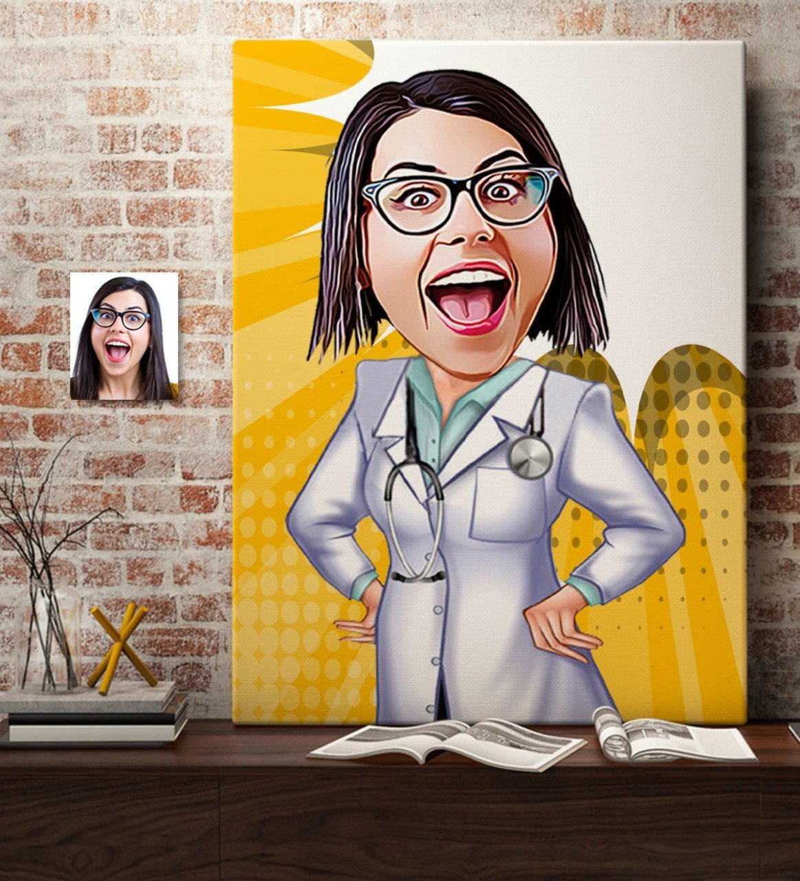 Kişiye Özel Bayan Doktor Karikatür Kanvas Tablo (70 x 100 cm.) 2