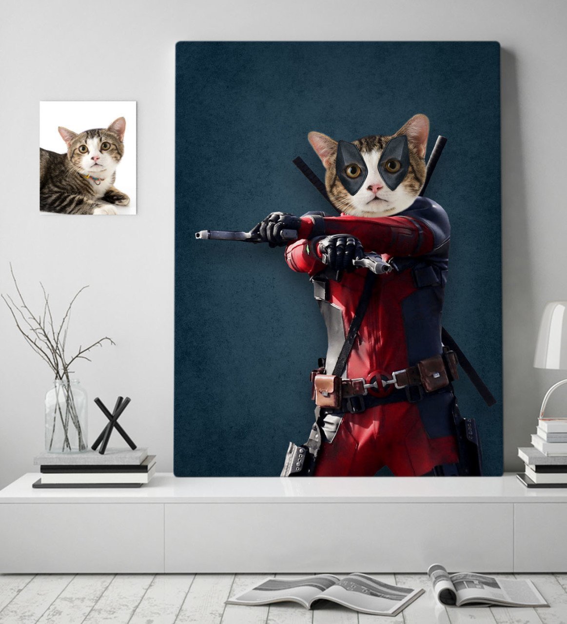 Kişiye Özel Evcil Dost Deadpool Kedi Pet Kanvas Tablo (50 x 70 cm.) 1
