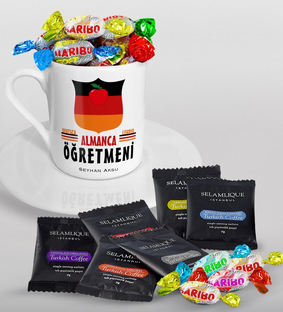 Kişiye Özel Almanca Öğretmeni Türk Kahvesi Fincanı Selamlique Karışık Türk Kahvesi ve Haribo Şeker Hediye Seti