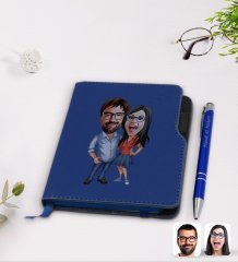 Kişiye Özel Sevgililer Karikatürlü Lacivert Termo Deri Defter Kalem Seti-105