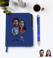 Kişiye Özel Sevgililer Karikatürlü Lacivert Termo Deri Defter Kalem Seti-105