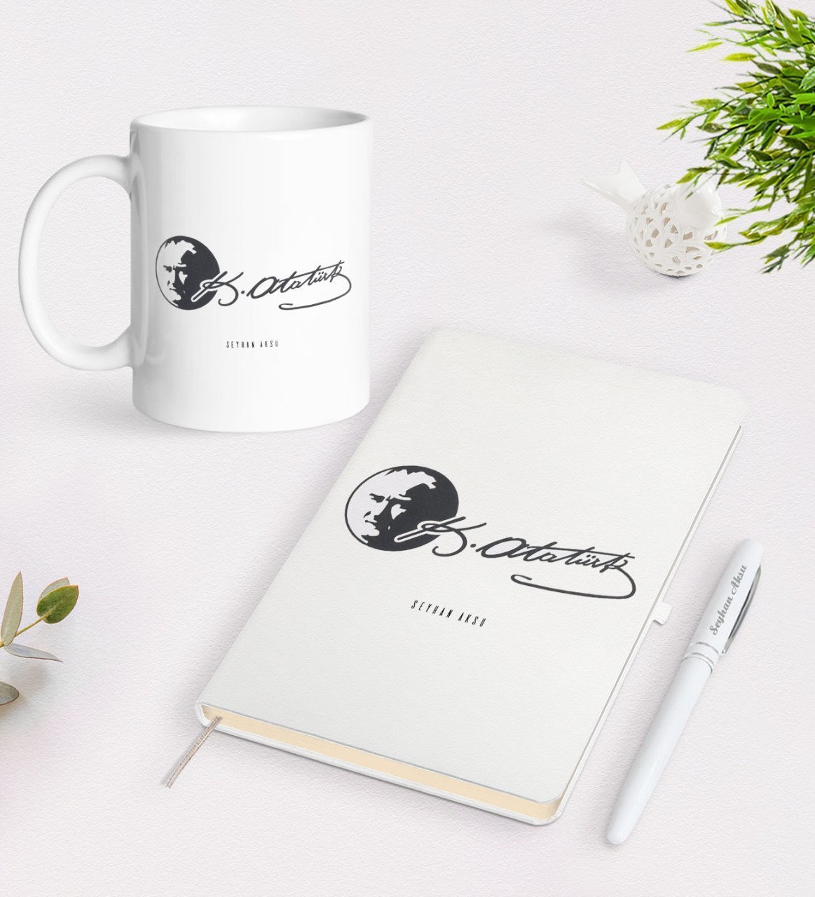Kişiye Özel Atatürk Temalı Beyaz Defter Kalem Kupa Seti-20