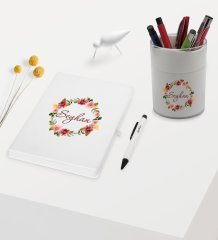 BK Gift Kişiye Özel Çiçek Tasarımlı Beyaz Defter Kalem ve Kalemlik Hediye Seti - Model 19