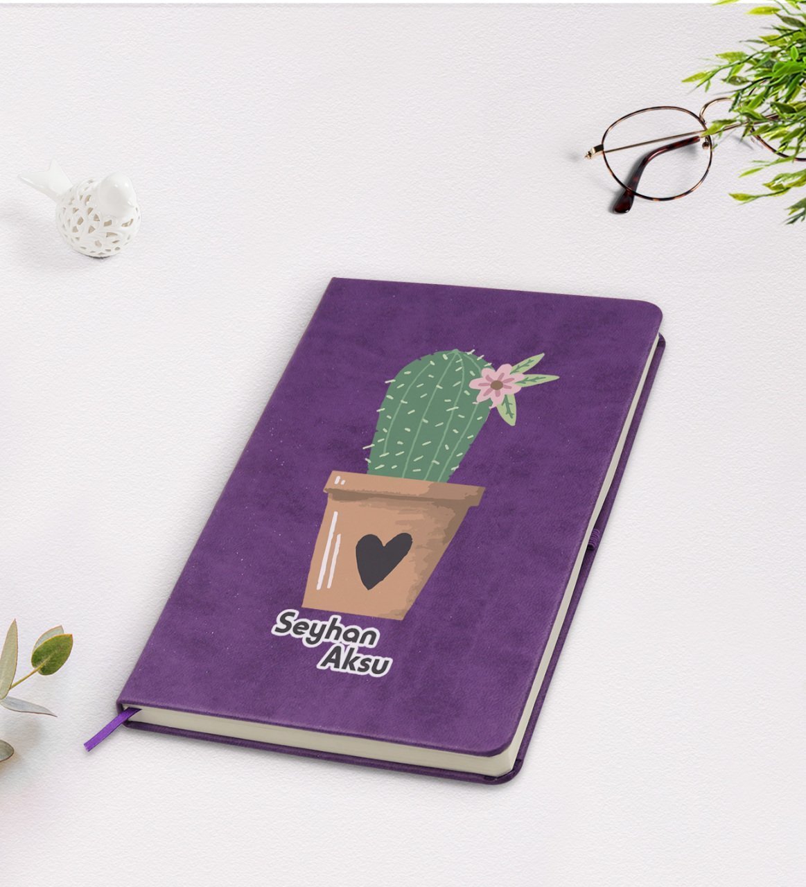 Kişiye Özel Kaktüs Tasarımlı Mor Termo Deri Defter Model 6