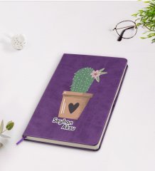 Kişiye Özel Kaktüs Tasarımlı Mor Termo Deri Defter Model 6