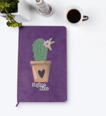 Kişiye Özel Kaktüs Tasarımlı Mor Termo Deri Defter Model 6