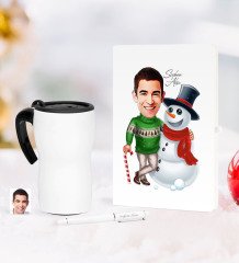 Kişiye Özel Yılbaşı Bay Karikatürlü Beyaz Defter Kalem Termos Mug Seti - 5