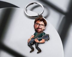 BK Gift Kişiye Özel Gitarist Karikatürlü Ahşap Anahtarlık-1 Sevgiliye Hediye, Arkadaşa Hediye, Doğum Günü Hediyesi