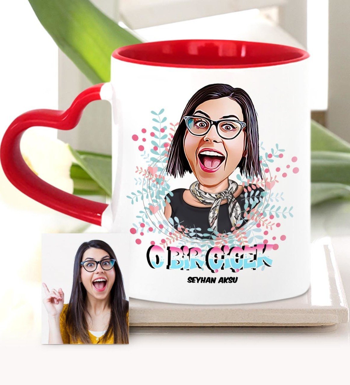Kişiye Özel Kadınlar Günü Temalı Karikatür Kırmızı Kalpli Kupa Bardak - 6
