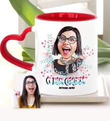 Kişiye Özel Kadınlar Günü Temalı Karikatür Kırmızı Kalpli Kupa Bardak - 6