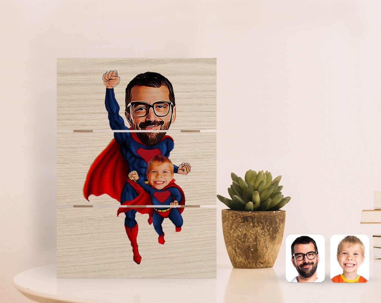 Kişiye Özel Süper Baba ve Çocuk Karikatürlü Otantik Masaüstü Ahşap Palet Çerçeve