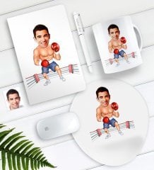 Kişiye Özel Bay Boksör Karikatürlü Defter Kalem Kupa Mouse Pad Seti