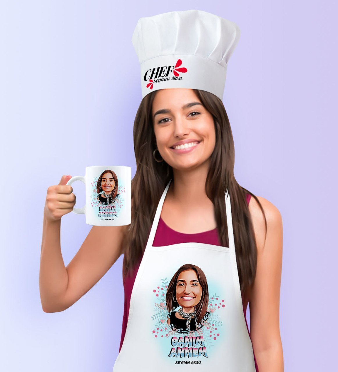 Kişiye Özel Canım Annem Karikatürlü Mutfak Önlüğü Aşçı Şapkası ve Kupa Seti