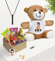 Kişiye Özel Bay Halter Sporcusu Karikatürlü Nostaljik Lezzetler Peluş Ayıcık Siyah Bar Kolye Hediye Seti