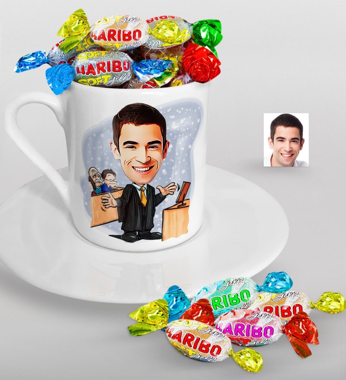 Kişiye Özel Bay Avukat Karikatürlü Türk Kahvesi Fincanı ve Haribo Şeker Hediye Seti-3