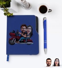 Kişiye Özel Sevgililer Karikatürlü Lacivert Termo Deri Defter Kalem Seti-103
