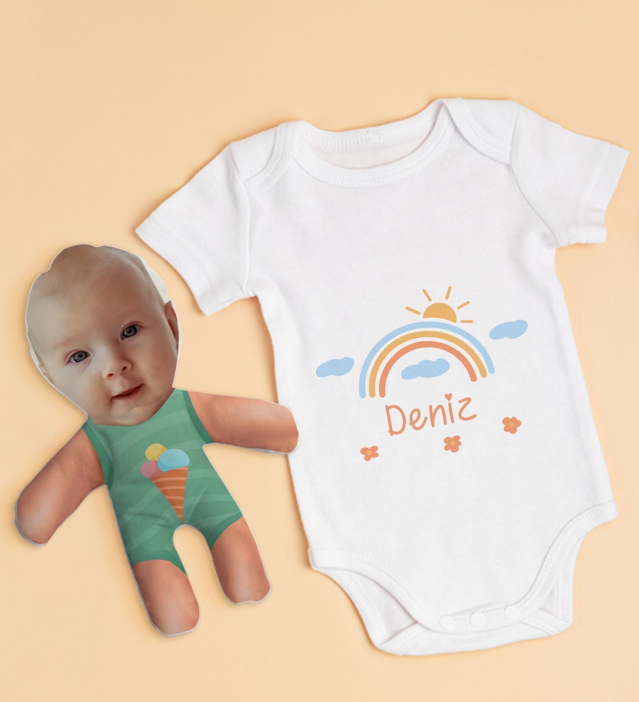 BK Kids Kişiye Özel Fotoğraflı Bebek Yastık ve Bebek Body Zıbın Hediye Seti - Model 19
