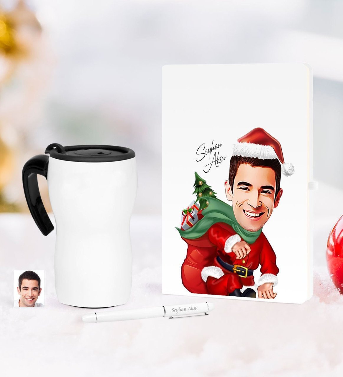Kişiye Özel Yılbaşı Bay Karikatürlü Beyaz Defter Kalem Termos Mug Seti - 4