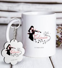 Kişiye Özel Mesleki Violinist Beyaz Kupa ve Anahtarlık Hediye Seti