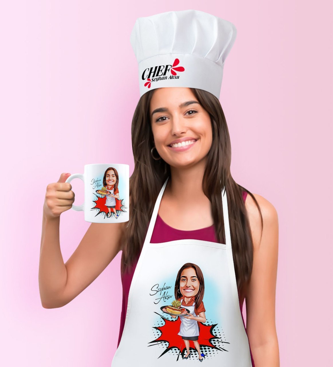 Kişiye Özel Chef Anne Karikatürlü Mutfak Önlüğü Aşçı Şapkası ve Kupa Seti - 2