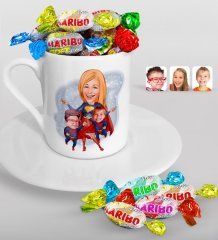 Kişiye Özel Anneler Günü Temalı Süper Anne ve Çocuklar Karikatürlü Türk Kahvesi Fincanı ve Haribo Şeker Hediye Seti-1