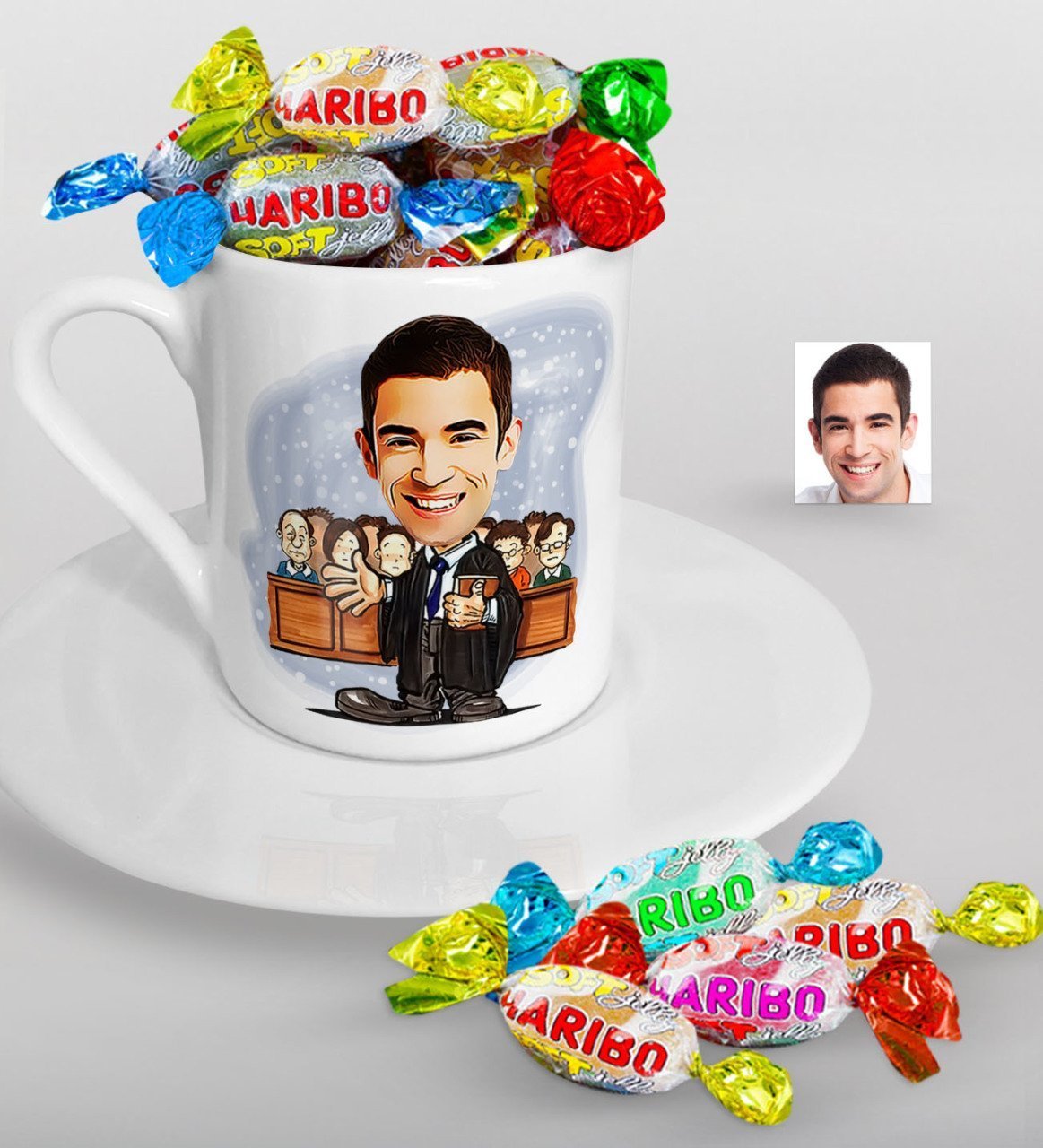 Kişiye Özel Bay Avukat Karikatürlü Türk Kahvesi Fincanı ve Haribo Şeker Hediye Seti-2