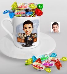 Kişiye Özel Bay Avukat Karikatürlü Türk Kahvesi Fincanı ve Haribo Şeker Hediye Seti-2