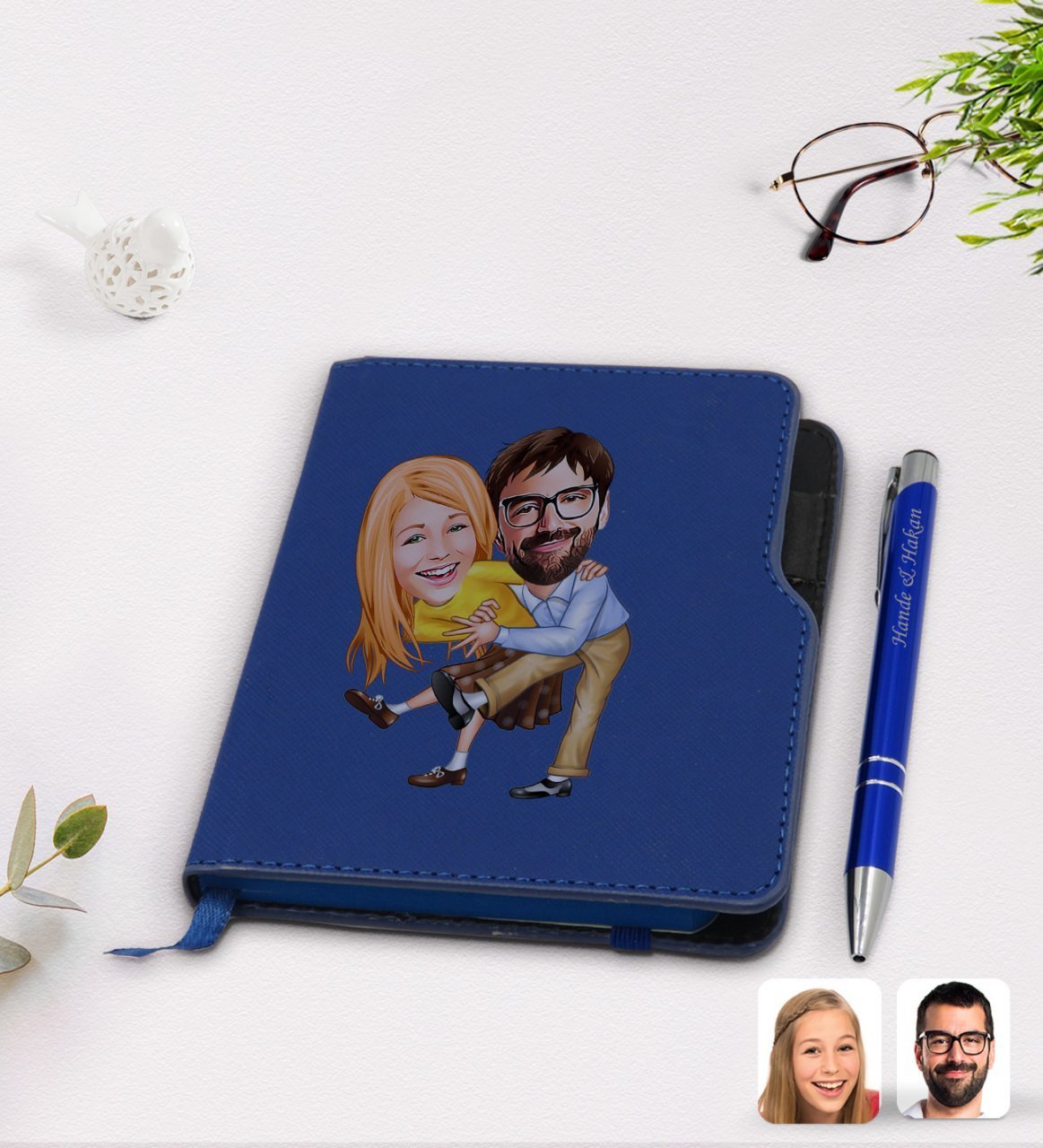 Kişiye Özel Sevgililer Karikatürlü Lacivert Termo Deri Defter Kalem Seti-102