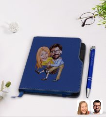 Kişiye Özel Sevgililer Karikatürlü Lacivert Termo Deri Defter Kalem Seti-102