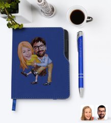 Kişiye Özel Sevgililer Karikatürlü Lacivert Termo Deri Defter Kalem Seti-102