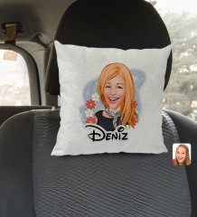 Kişiye Özel İsimli Kadın Karikatürlü Kare Araç Koltuk Yastığı-1