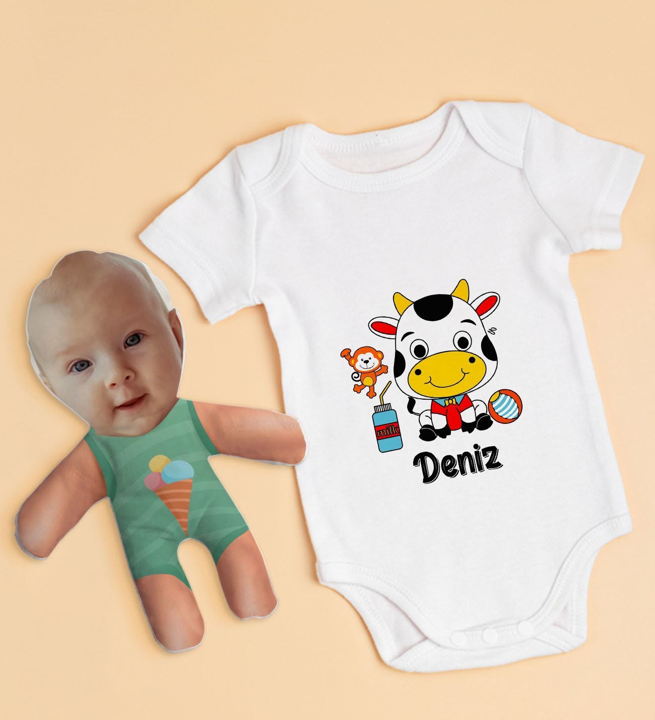 BK Kids Kişiye Özel Fotoğraflı Bebek Yastık ve Bebek Body Zıbın Hediye Seti - Model 18