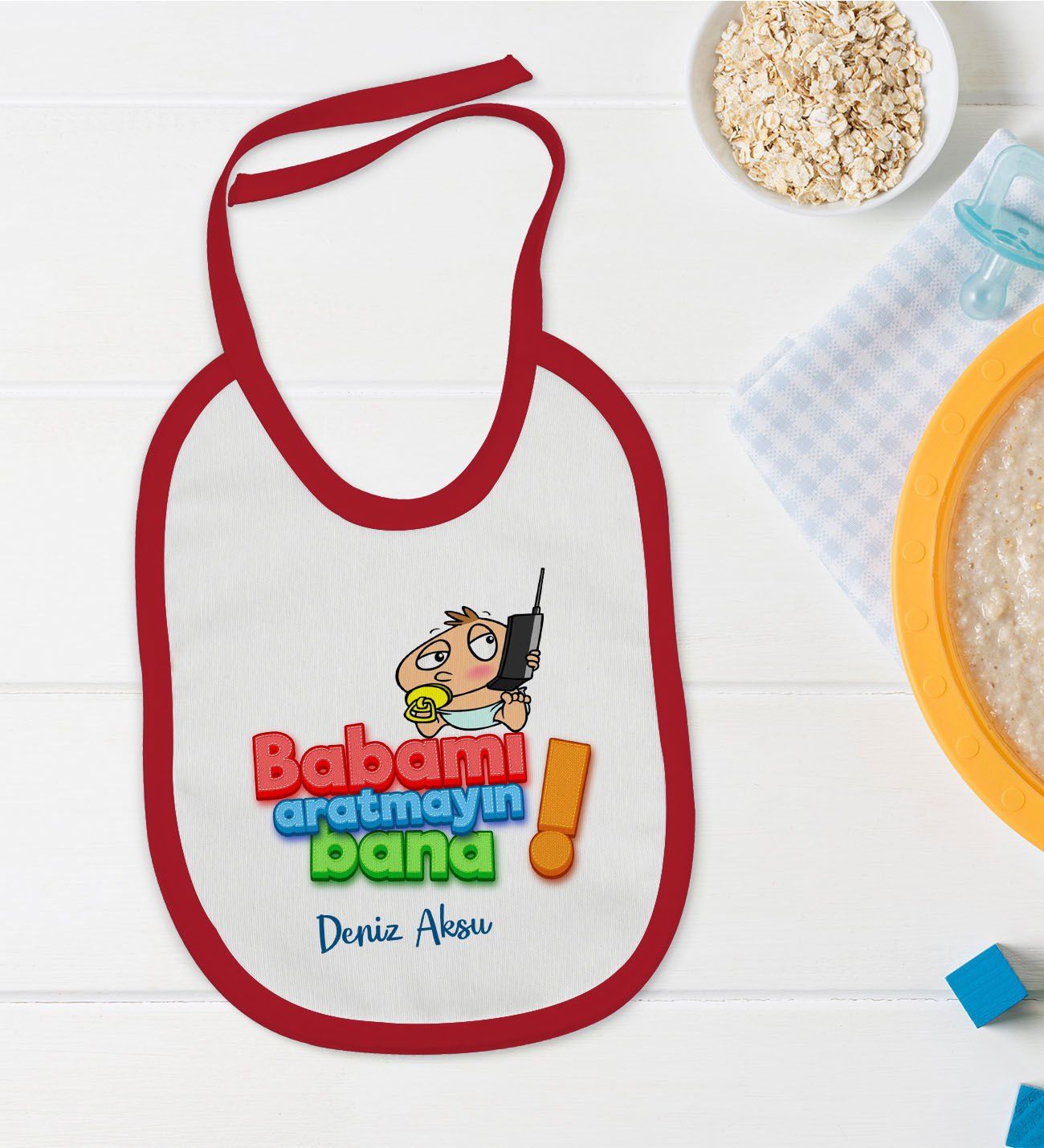 BK Kids Kişiye Özel Babamı Aratmayın Bana Tasarımlı Kırmızı Bebek Mama Önlüğü-1
