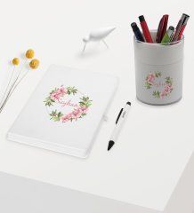 BK Gift Kişiye Özel Çiçek Tasarımlı Beyaz Defter Kalem ve Kalemlik Hediye Seti - Model 17