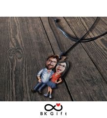 BK Gift Kişiye Özel Karikatürlü Deri İpli Ahşap Kolye, Sevgiliye Hediye, Doğum Günü Hediyesi, Sevgililer Günü Hediyesi