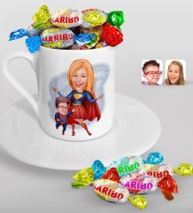 Kişiye Özel Anneler Günü Temalı Süper Anne ve Çocuk Karikatürlü Türk Kahvesi Fincanı ve Haribo Şeker Hediye Seti-1