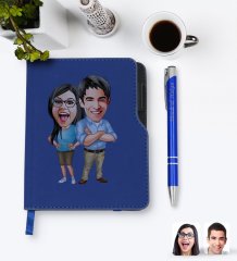 Kişiye Özel Sevgililer Karikatürlü Lacivert Termo Deri Defter Kalem Seti-101